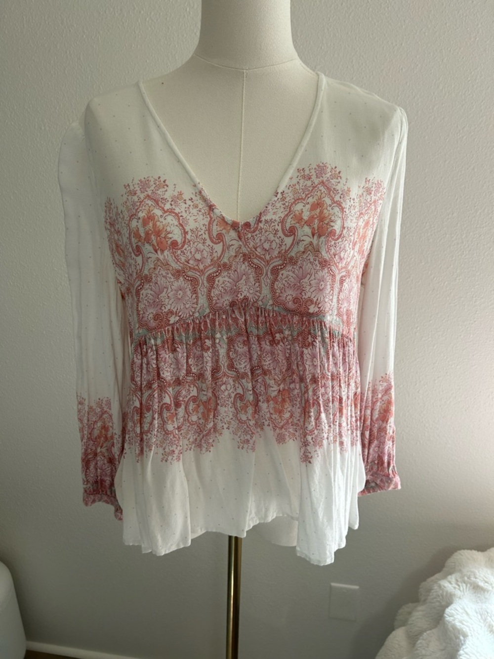 Lucky Brand White Blouse with Coral Paisley Print
